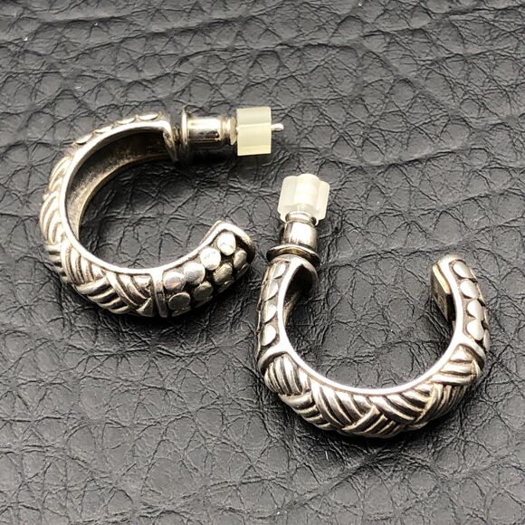 Estate Jewelry - Sterling Silver Earrings Bali Indonesia Ornate Texture Small Hoops Marked AI 925